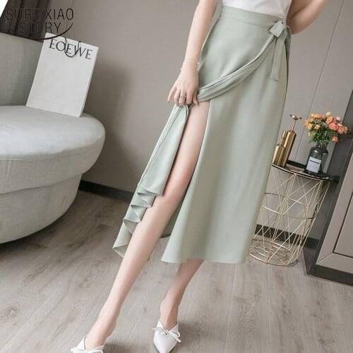 2021 Spring Summer 12 Colors Women Loose Solid High Waist Lace Up Chiffon Skirts Vintage Midi One Piece Skirts Female 9784