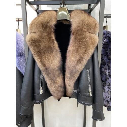 MENINA BONITA 2021 Real Natural Fox Collar Winter Jacket Women Coat Double-faced Fur Genuine Leather Warm Outerwear Locomotive