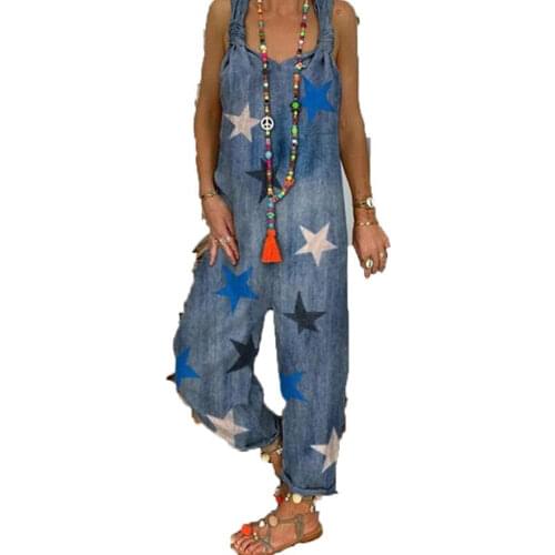 Womens Jumpsuits Long Pants Casual Loose Sleeveless Jean Jumpsuit for Ladies Fashion Star Print Sexy Backless One Piece Jumpsuit