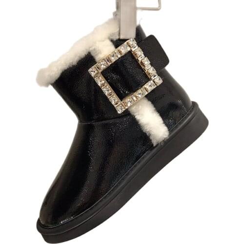 Kmeioo winter warm snow boots woman jewel buckle ankle boots fur flat shoes round toe flats shoe for ladies casual