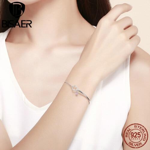 BISAER 925 Sterling Silver Chain Link Heart Bracelets Pulseira Clear CZ Heart Lobster Chain Female Bracelet Fine Jewelry ECB117