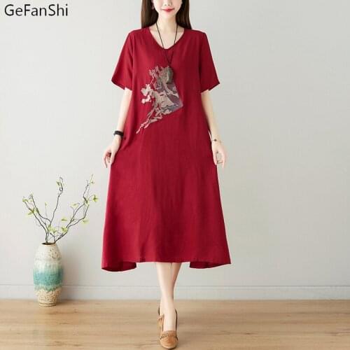 2021 New Summer V-Neck Embroidery Dress Women Cotton Linen Vintage Dress Loose Casual Elegant Ladies Dresses Robe