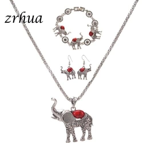 ZRHUA Vintage Type Bridal Jewelry Sets Wedding Jewelry Paved Crystal Metal Necklaces Earrings Bracelet Sets Elephant Shape