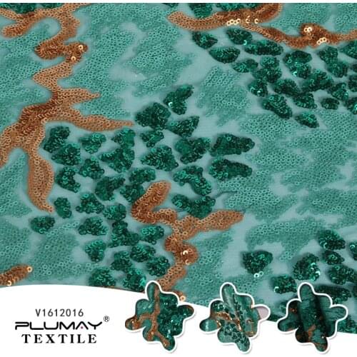 100%Polyester gold and green sequin glitter embroidered lace fabric wedding sequin fabric for dress