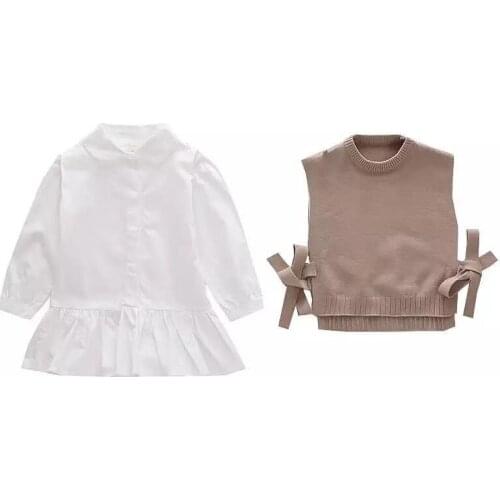 2021 Spring Baby Girls Gilet Shirt Set Kids Jumper+Long Sleeve Shirt 2pcs