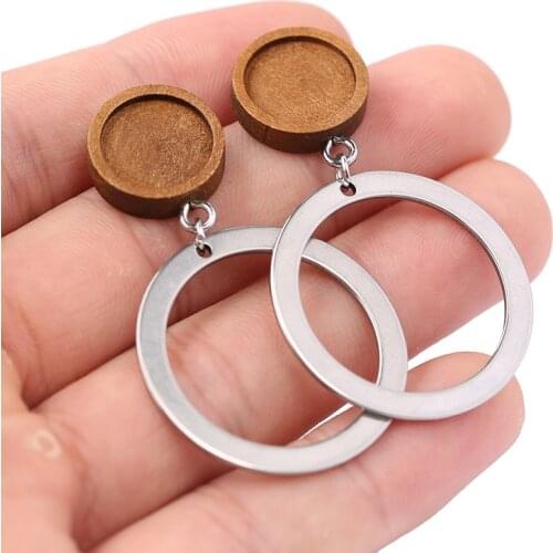 Reidgaller 5 pairs fit 12mm round glass cabochon wood stud earring base settings diy blank earrings bezel findings for jewelry