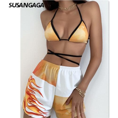 Sexy Three Piece Swimsuit Womens Swimwear 2021 Shorts Bikini Set Tie Dye Bathing Suit Halter Biquini Backless Beachwear New