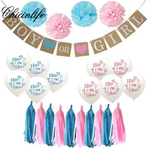 Chicinlife 1Set Gender Reveal Boy or Girl Banner balloon birthday Party Baby Showers Cake Topper Paper tassel Party Decoration
