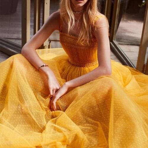 Vacation Bohemian Yellow Pleated Maxi Dresses for Women Summer 2021 Sexy Spaghetti Strap Mesh Long Dress Robe Longue