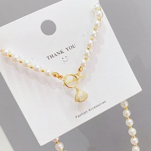 European and American Jewelry Shaped Pearl Necklace Micro Inlaid Zircon Shell Clavicle Chain Pendant Necklace Ornament Wholesale
