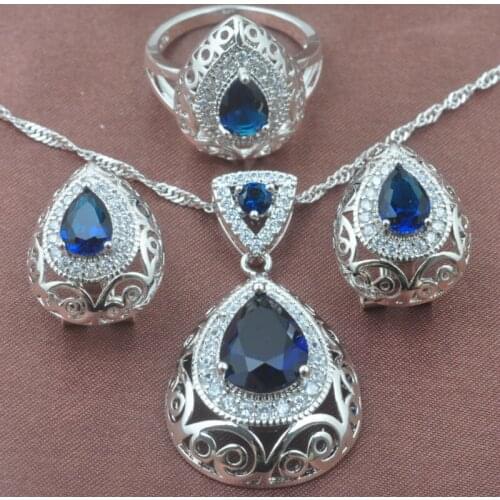 Exquisite Blue Zirconia Womens Silver Plated Jewelry Sets Bridal jewelry Pendant Earrings Ring Free Gift Box TZ0211