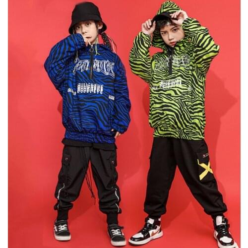 Hip Hop Costumes Girls Green Striped Sweater Tops Loose Casual Sport Trousers Boys Street Wear Jazz Dance Rave Clothes BL5203