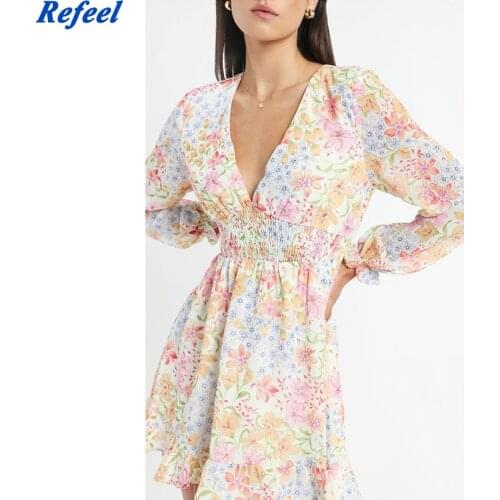 Summer women mini dress elastic slim floral print long sleeves ruched lining spring beach short dresses ladies