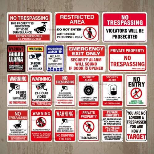 No Trespassing Sign Warning Black Red White Metal Sign Video Surveillance Sign Wall Decor Yard Sign No Entry Metal Signs