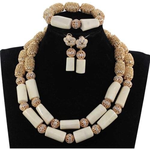 New White Coral Beads Women Jewelry Set White and Gold Dubai Bridal Coral Jewelry African Wedding Beads 2018 CNR459