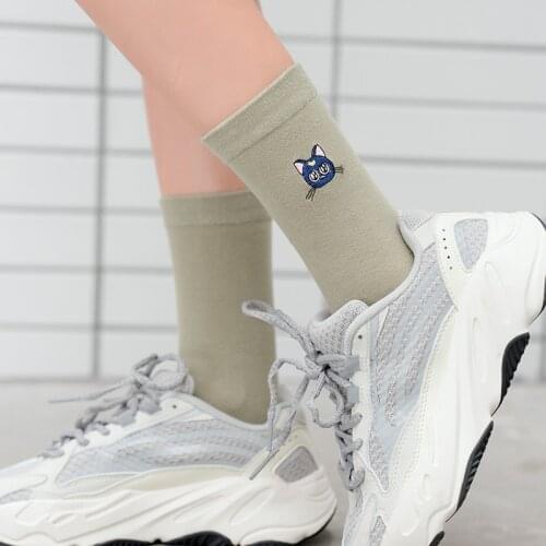 Autumn Winter Women Cotton Middle Tube Socks Sweet Style Fashion Colorful Anime Cartoon Embroidery Comfortable Breathable Female