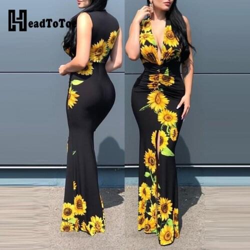 Plunge Sunflower Print Slit Maxi Dress