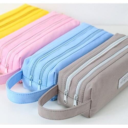 Portable Canvas Zip Double Layer Pencil Case Large Capacity Stationery Pen Bag