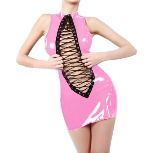 Plus Size S-7XL Lace Up Bodycon Summer Dress Ladies Wetlook PVC Mini Dresses Gothic Sleeveless O-neck Vestido Party Clubwear