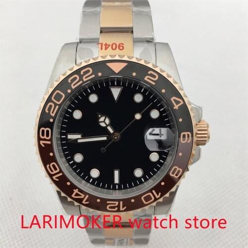 BLIGER Brand Root Beer Rose Gold Automatic Men Watch Sapphire Glass GMT Hand Date Window Mental Strap Ceramic Bezel