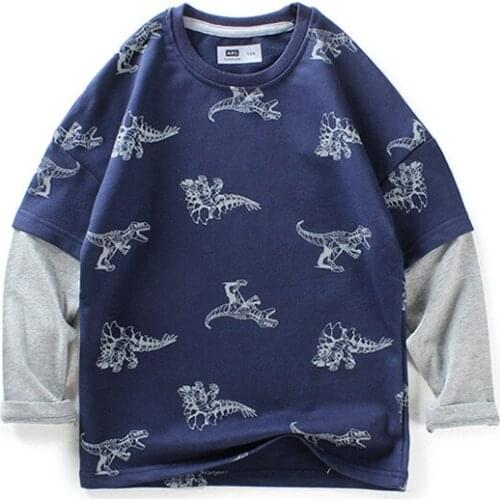 Boys Long-Sleeved Bottoming Shirt 2021 Spring Autumn Youth Kid Cotton Dinosaur Printing Fake Two-piece T-Shirt For 5-14 Years
