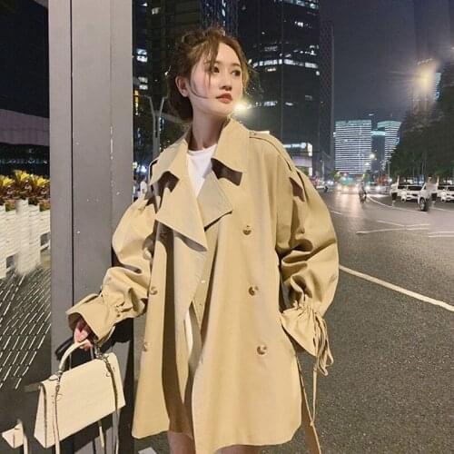 Khaki Vintage Short Windbreaker Womens Loose Korean Women Trench Coat 2021 Autumn Belt Black Double Breasted Overcoat Female