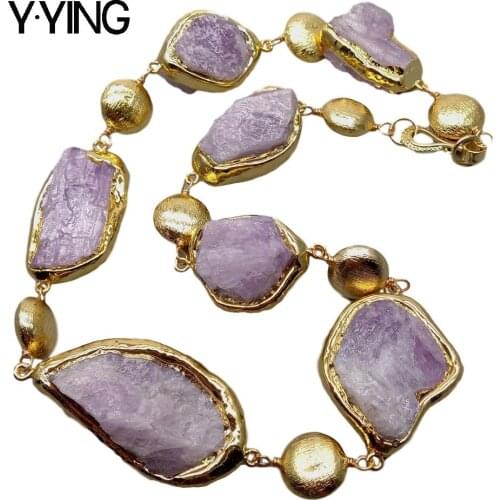 Y·YING Natural Pink Kunzite Rough Raw Gold Plated Edge Brushed Bead Necklace 20" vintage style for women