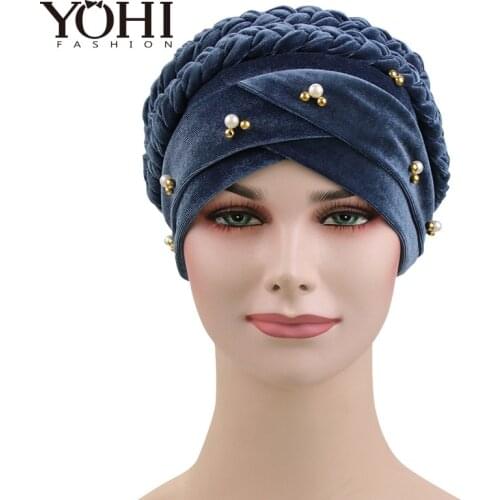 New Fashion Style Women Velvet braid bead Bandanas Headwear Cap Muslim Turban Hair Accessories Fashion Ladies Chemo Cap