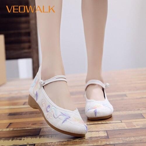 Veowalk Women Comfort Cotton Ballet Flats Ankle Strap Flower Embroidered Ladies Casual Walking Flat Shoes Vintage Autumn Shoes