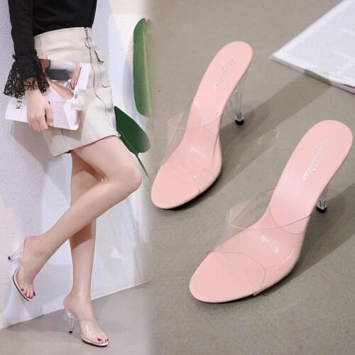 2019 Women Slippers Peep toe Summer PVC Transparent Shoes Women Sandals Clear Slippers Slides Shallow High Heels 7/10CM Slipper