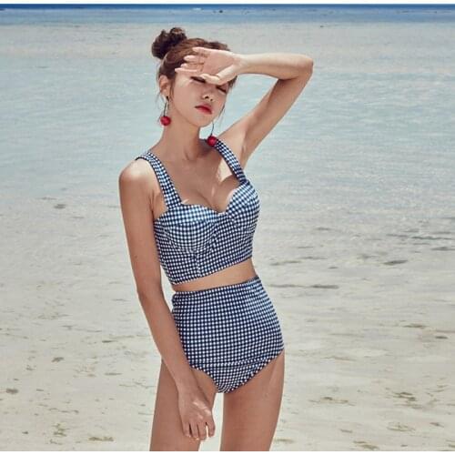 Swimsuit Womens Retro Lattice Steel Support Small Chest Gathered High Waist and Belly Was Thin Sexy Split Swimsuit