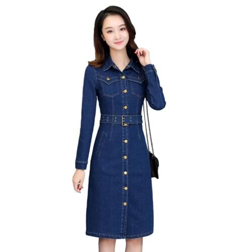 Womens denim dress spring autumn Korean long-sleeved dresses Female self-cultivation was thin and long Single-breasted dresses