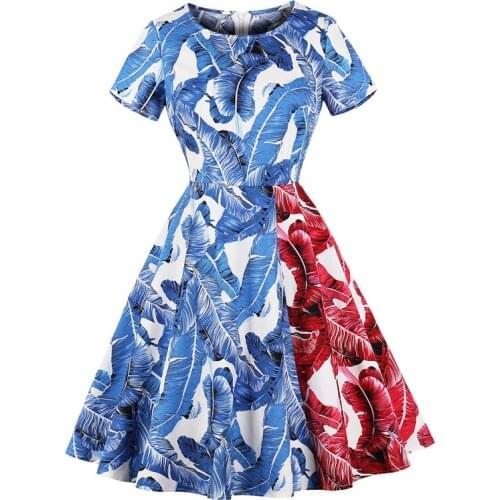 2021 Tropical Print Blue and Red Patchwork Women Vintage Style Cotton Dresses O Neck Elegant Party Plus Size Retro Dress