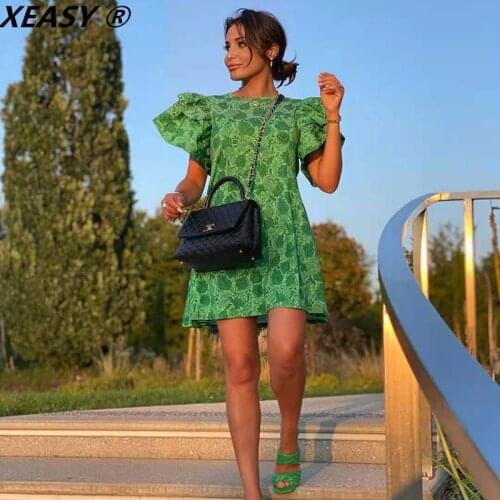 XEASY Women 2021 Fashion Green Summer Female Round Neck Layered Vintage Petal Sleeve Print A-line Casual Streetwear Mini Dress