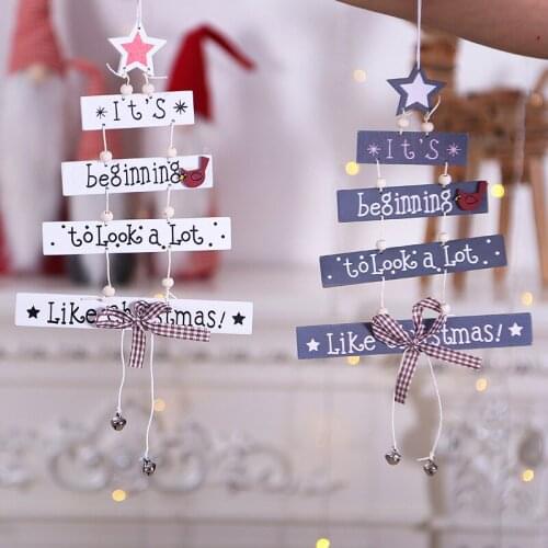 1pc 25*17cm Christmas Wooden Star Small Bell Home Xmas New Year Decor Christmas Tree Pendants Happy New Year Door Drop Ornament