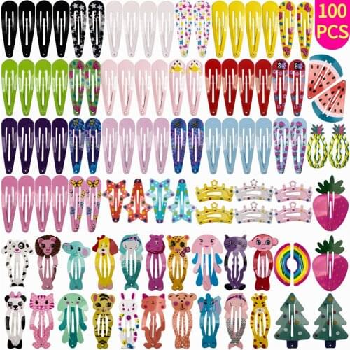 100Pcs/Lot Lovely Cartoon Drop Hair Clips Pins Flower Bow Printing Hairgrips Colorful Hair Accessories Girls Metal Snap Hairpins