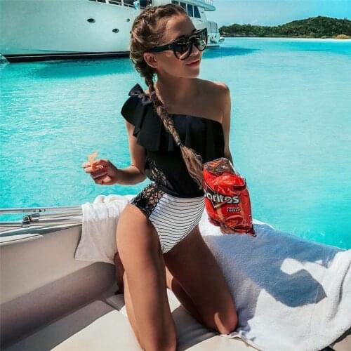 2019 Sexy One Piece Swimsuit Push-Up Padded Swimwear Vintage Stripe Bikini Patchwork Printed Swimsuit Summer Beach Bathing Suit