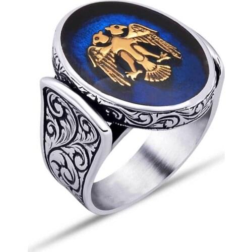 925 sterling Silver Oval Blue Cabochons Seljuk Eagle Men 'S Ring