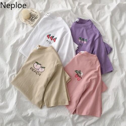 Neploe Fruit Pattern Basic T Shirts Women Fashion O Neck Short Sleeve Students Tops Summer 2021 Loose Casual Cotton Ladies Tees