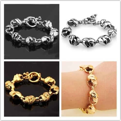 New Arrival 8.66" *15mm Gothic Rocker Biker Cool SKULLS Heads Mens Boys 316L Stainless Steel Bracelet Chain Bangles 60g Jewelry
