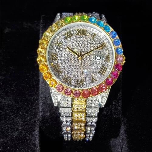 Hip Hop MISSFOX Rainbow Diamond Men Iced Out Watches Top Brand Luxury Auto Date Quartz Wristwatches Watch For Husband Jewellry