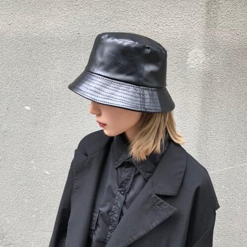 Reversible Bucket Hat Women Men Designer PU Leather Fisherman Caps Korean Teenagers Sun Protection Streetwear PU Panama Bob Hats