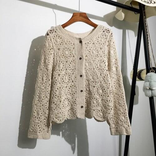 Hollow Out Knitted Women Sweater Cardigan Summer Vintage 2021 O-Neck Flare Sleeved Loose Female Outwear Coats Tops
