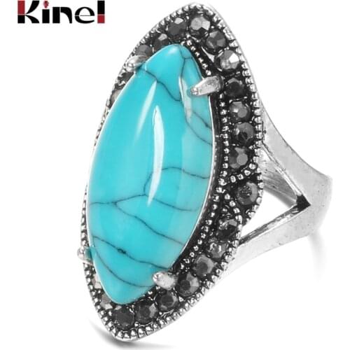 Kinel Natural Stone Vintage Rings For Women Simple Blue Big Stone Inlaid Rhinestones Boho Ethnic Jewelry Tibetan Silver Rings