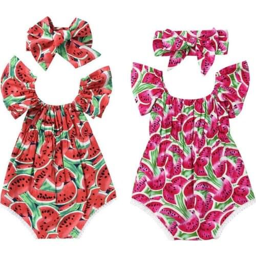 Infant Newborn Baby Girls Watermelon Print Lace Sleeveless Romper Headband 2PCS Clothes Kids Playsuit Jumpsuit Outfit Sunsuit