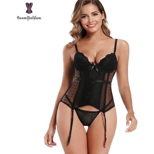 Eyelash Lace Stretchy Boned Corset Floral Patchwork Corsets Spaghetti Straps Women Lingerie Lace Trimmer Bustier Red Black Blue