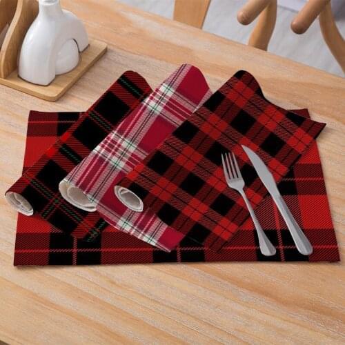 Christmas Series Plaid Printed Cotton Hemp Cloth Mat Anti Slip Insulation Kitchen Table Mat Cutlery Pad