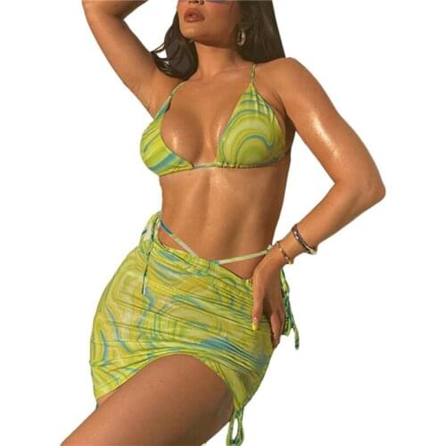 Swimwear Women Bikinis 2 Pieces Suit Set Floral Print Strappy Bikini Tops+ Package Hip Skirt for Summer Beachwear Swimming Set