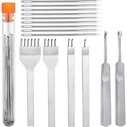 LMDZ 1+2+4+6 Prong Lacing Stitching Punch, U V Shaped Stitching Groover Skiving Edge Beveler and Large Eye Sewing Needles