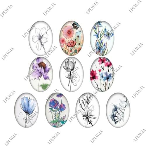 LPLWJA Watercolor Flowers Painting Oval Shape Glass Cabochon 10pcs Mixed Photo Flatback Beads Demo Flat Back Making Findings